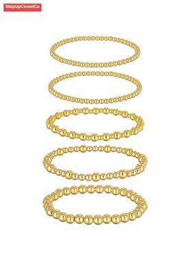 Gold Beaded Bracelet Stack of 5, Elastic Stretch Bracelets for Women, Gift